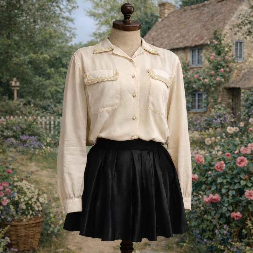 Vintage 1980s Forenza Cream, Rayon, Button-Up Blouse With Faux Pearl Detail